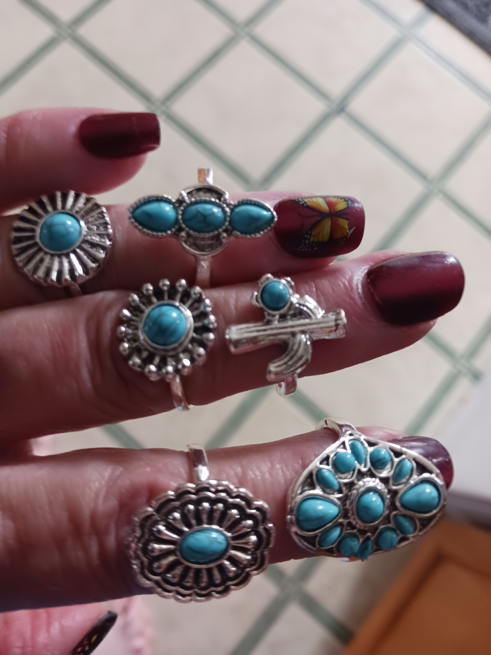 Source Unknown Silver Tone Rings with Turquoise Clolor Stones
